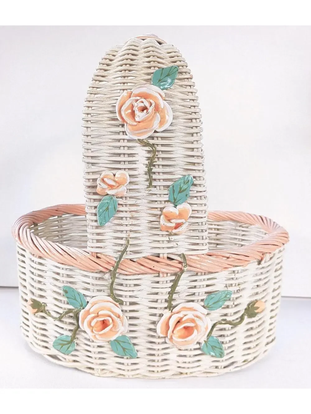 Vintage Cottage / Grandma Barbola Rose Gesso Painted Basket, White & Pink Wicker